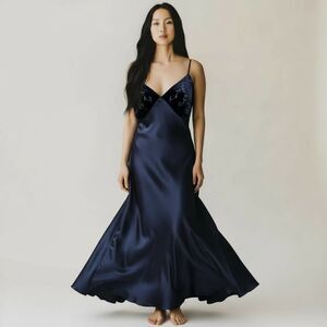 VTG Navy Blue Satin & Velvet embroidered slip dress size Large